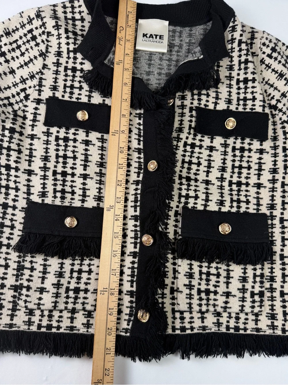Luxury Black & Cream Tweed-Style Fringe Knit Cardigan with Hold Buttons- Perfect